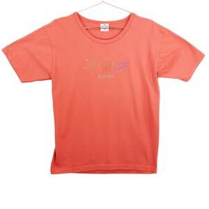 Aruba T Shirt Womens Large Orange Rhinestone Short Sleeve Vacation Travel Top